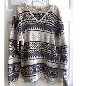 St Johns Bay Womens 2X Fair Isle Snowflake V Neck Sweater Tan Grey Black VTG 80s